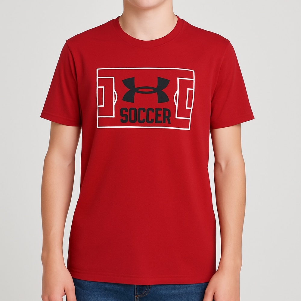 Under Armour Mens Graphic Soccer T-Shirt Top  Loose Heat Gear XL Red Cotton Flaw